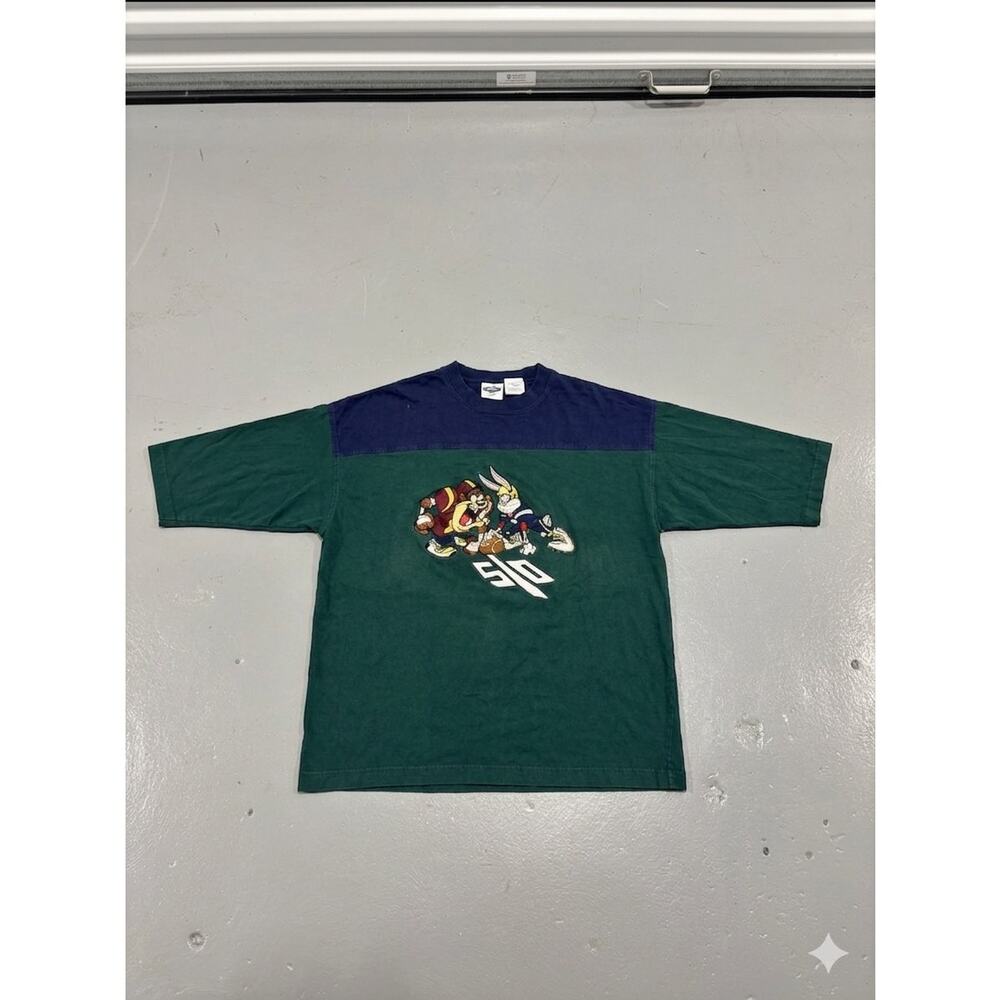 Vtg 90s‎ Looney Tunes Bugs Bunny Taz Embroidered Shirt L Green Blue Colorblock